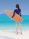 The girl is a sportswoman on the shore of the ocean with a surfboard. Vector