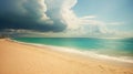 Turquoise ocean and empty sand beach before the storm, with hotel buildings in the distance. Generative AI Royalty Free Stock Photo