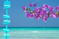 Turquoise ocean woodpost and pink bougainvillea flowers Royalty Free Stock Photo