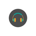 Turquoise and orange headphones in grey circle. Flat vector earphones icon isolated on white Royalty Free Stock Photo