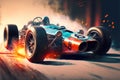 A turquoise and orange race car going at high speed on the track. Created with Generative AI