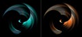 Turquoise and orange, sharp blades of an abstract engine revolve on a black background. Graphic design elements set. 3d