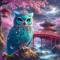 A turquoise Owl perched under cherry blossoms tree, near Japanese bridge, stormy sky, ancient architecture, river, painting art Royalty Free Stock Photo