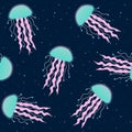 Turquoise and pink jellyfish on a dark blue background seamless pattern underwater sea medusa fluorescent star vector Royalty Free Stock Photo