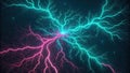 Turquoise and pink lightning spreading in the dark space