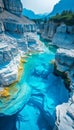 Turquoise River Flowing Through Snowy Cliffs in a Mountainous Region.Glacial meltwater river Royalty Free Stock Photo