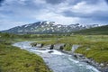 Turquoise River landscape and Arasluokta sami indigenous settlement