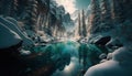 A Turquoise River Running Through A Wintery Mountain Forest Snow Covered Trees AI Generative