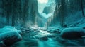 A Turquoise River Running through A Wintery Mountain Forest Snow Covered Trees AI Generative