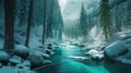 A Turquoise River Running through A Wintery Mountain Forest Snow Covered Trees AI Generative