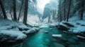 A Turquoise River Running through A Wintery Mountain Forest Snow Covered Trees AI Generative