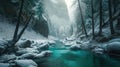 A Turquoise River Running through A Wintery Mountain Forest Snow Covered Trees AI Generative
