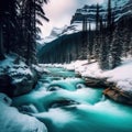 A turquoise river running through a wintery mountain forest and trees covered in snow