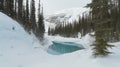 A turquoise river running through a wintery mountain forest and trees covered in snow