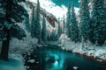 A turquoise river running through a wintery mountain forest and trees covered in snow