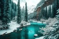 A turquoise river running through a wintery mountain forest and trees covered in snow