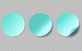 Turquoise round stickers with curled edge vector template isolated on transparent background.