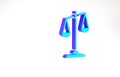 Turquoise Scales of justice icon isolated on white background. Court of law symbol. Balance scale sign. Minimalism