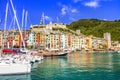 Turquoise sea,boats and colorful houses in Portovenere village,Cinque Terre,Liguria,Italy. Royalty Free Stock Photo