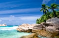Turquoise sea  coconut palms  and rocks in the Seychelles islands Royalty Free Stock Photo
