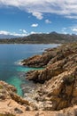 Turquoise sea and rocky coastline at Revellata in Corsica Royalty Free Stock Photo