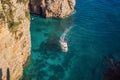 Turquoise sea water of Mediterranean sea. Beautiful emerald green watercolor. Shiny clear ocean water. Transparent