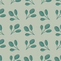 Turquoise simple branches silhouettes seamless hand drawn pattern. Doodle floral shapes on grey background