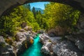 Turquoise Soca river in the green forest near Bovec, Slovenia Royalty Free Stock Photo