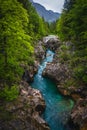 Turquoise Soca river in the narrow gorge, Bovec, Slovenia Royalty Free Stock Photo