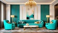 Turquoise sofas in luxury room. Art Deco style interior design of modern living room Royalty Free Stock Photo