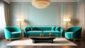 Turquoise sofas in luxury room. Art Deco style interior design of modern living room Royalty Free Stock Photo