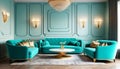 Turquoise sofas in luxury room. Art Deco style interior design of modern living room Royalty Free Stock Photo