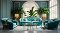 Turquoise sofas in luxury room. Art deco style interior design of modern living room.ai generative Royalty Free Stock Photo