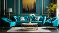 Turquoise sofas in luxury room. Art deco style interior design of modern living room.ai generative Royalty Free Stock Photo