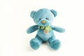 Turquoise soft teddy bear with checkered scarf and embroidered heart on the chest on a white background. Children`s toy. Love, a Royalty Free Stock Photo