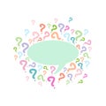 Turquoise speech bubble with colorful flying question marks. Isolated on white background.