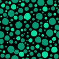 Turquoise spots and dots of various sizes in a chaotic manner on a black background, seamless pattern. Modern stylish