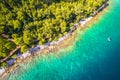 Turquoise stone beach in Rovinj aerial view, pine trees archipelago Royalty Free Stock Photo