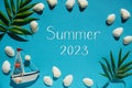 Turquoise Summer Flat Lay, Boat And Shells, Text Summer 2023