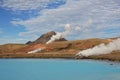 Turquoise thermal lake near Reykjahlid, Iceland. Old powerhouse.