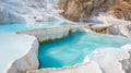 Turquoise thermal springs on white terraces in pamukkale, turkey with mineral rich baby blue waters