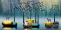 Turquoise trees with golden, black and gray stones in light background with marble deer. 3d illustration wallpaper landscape art