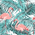 Turquoise tropical jungle leaves pink flamingos