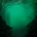 Blue mist in mysterious woods with crooked branches. Royalty Free Stock Photo