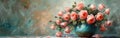 Turquoise Vase with Pink Roses: A Stunning Ceramic Bouquet Display Royalty Free Stock Photo