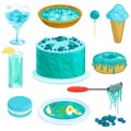 Turquoise vector blue cacke or sweet dessert with blueberry and blur aqua drink illustration greenish-blue set of