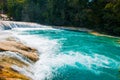 Turquoise water of Agua Azul falls, Chiapas, Palenque, Mexico. Beautiful landscape with waterfall. Royalty Free Stock Photo