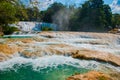 Turquoise water of Agua Azul falls, Chiapas, Palenque, Mexico. Beautiful landscape with waterfall. Royalty Free Stock Photo