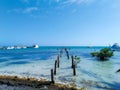 Turquoise water of the caribbean sea. Dock at Caye Caulker with several boats ready to go to the reefs to snorkel Royalty Free Stock Photo