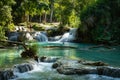 Turquoise water of Kuang Si waterfall, Luang Prabang, Laos. Tropical rainforest. The beauty of nature